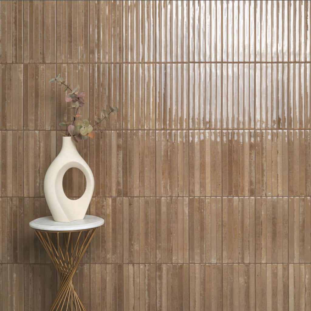 Warm Taupe Glossy Ribbed Ceramic Wall Tile (1 Piece)