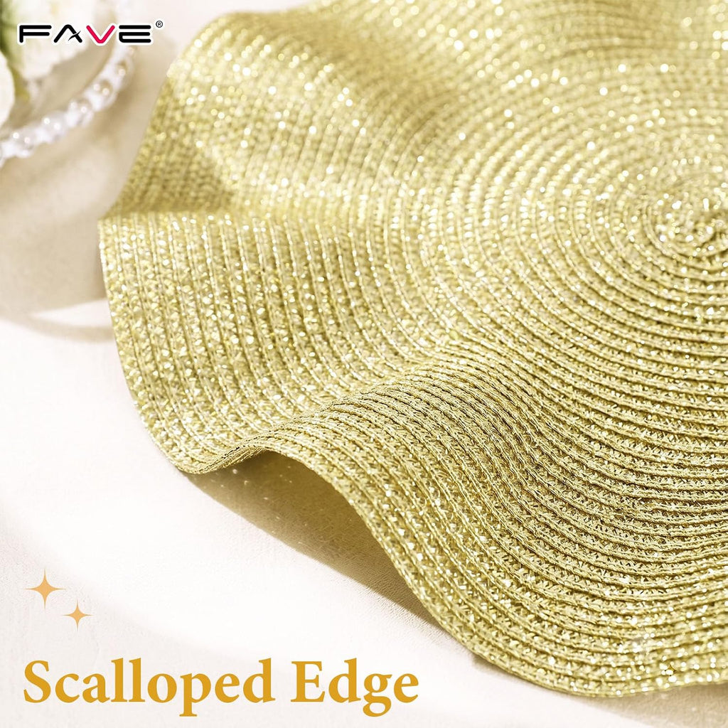 Gold Woven Placemats, Round Table Mats with Scalloped Edge - Set of 6