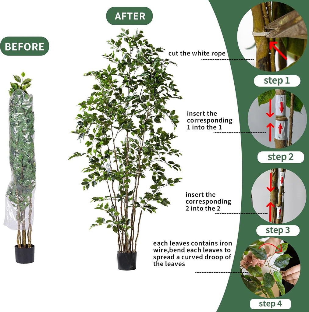 Artificial Ficus Tree Indoor 6ft, Large Potted Faux Tree with Realistic Silk Leaves & Trunk Corner Decor