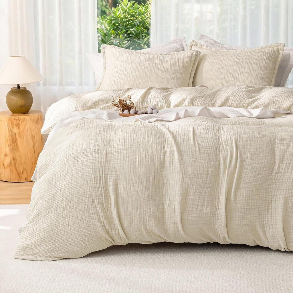 Cotton Muslin Duvet Cover Queen, 3-Layer Soft Lightweight & Breathable Textured Gauze, Skin-Friendly Minimalist