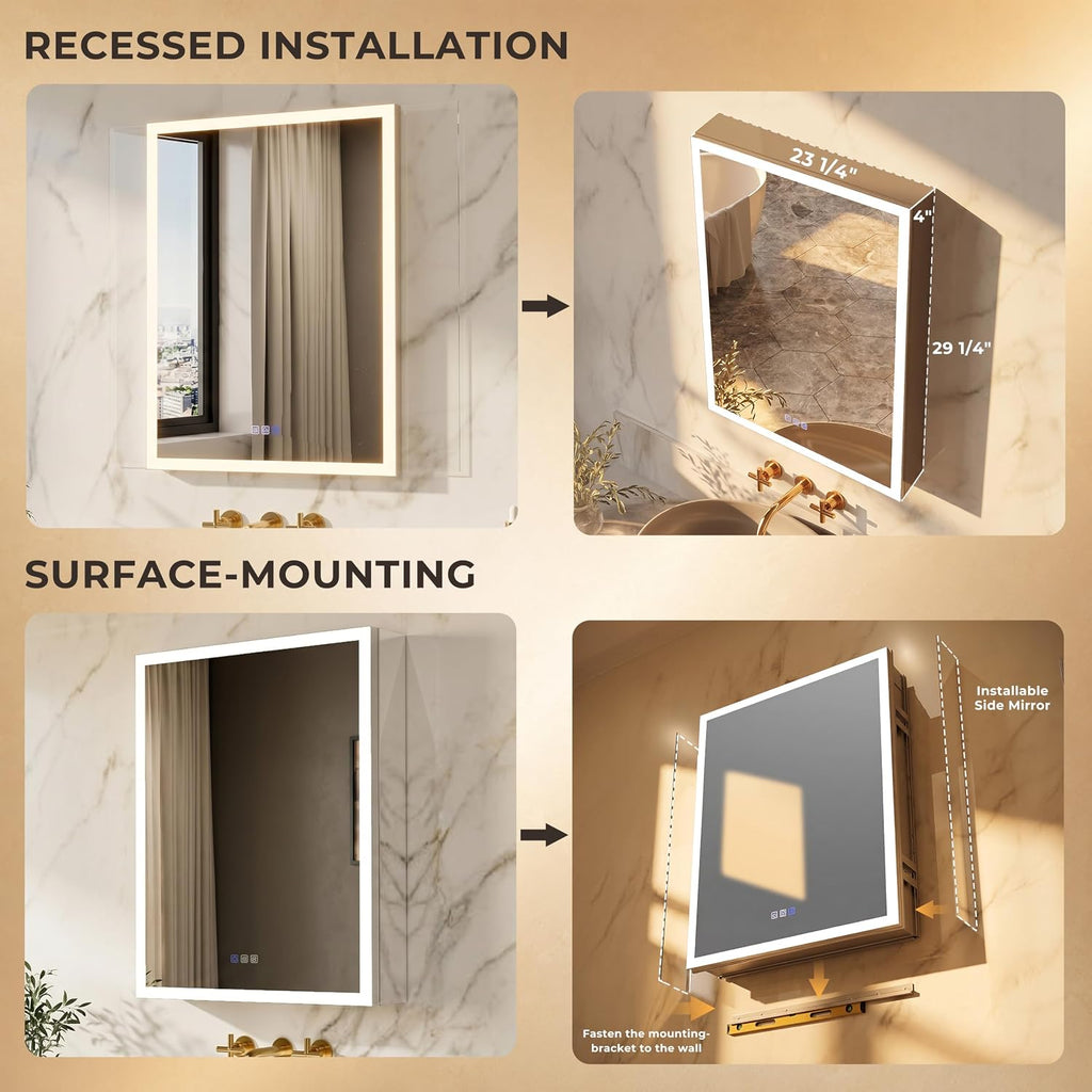 24" x 30" LED Medicine Cabinet, Lighted Medicine Cabinet, Surface & Recessed Mounting, Adjustable Color Temperature &