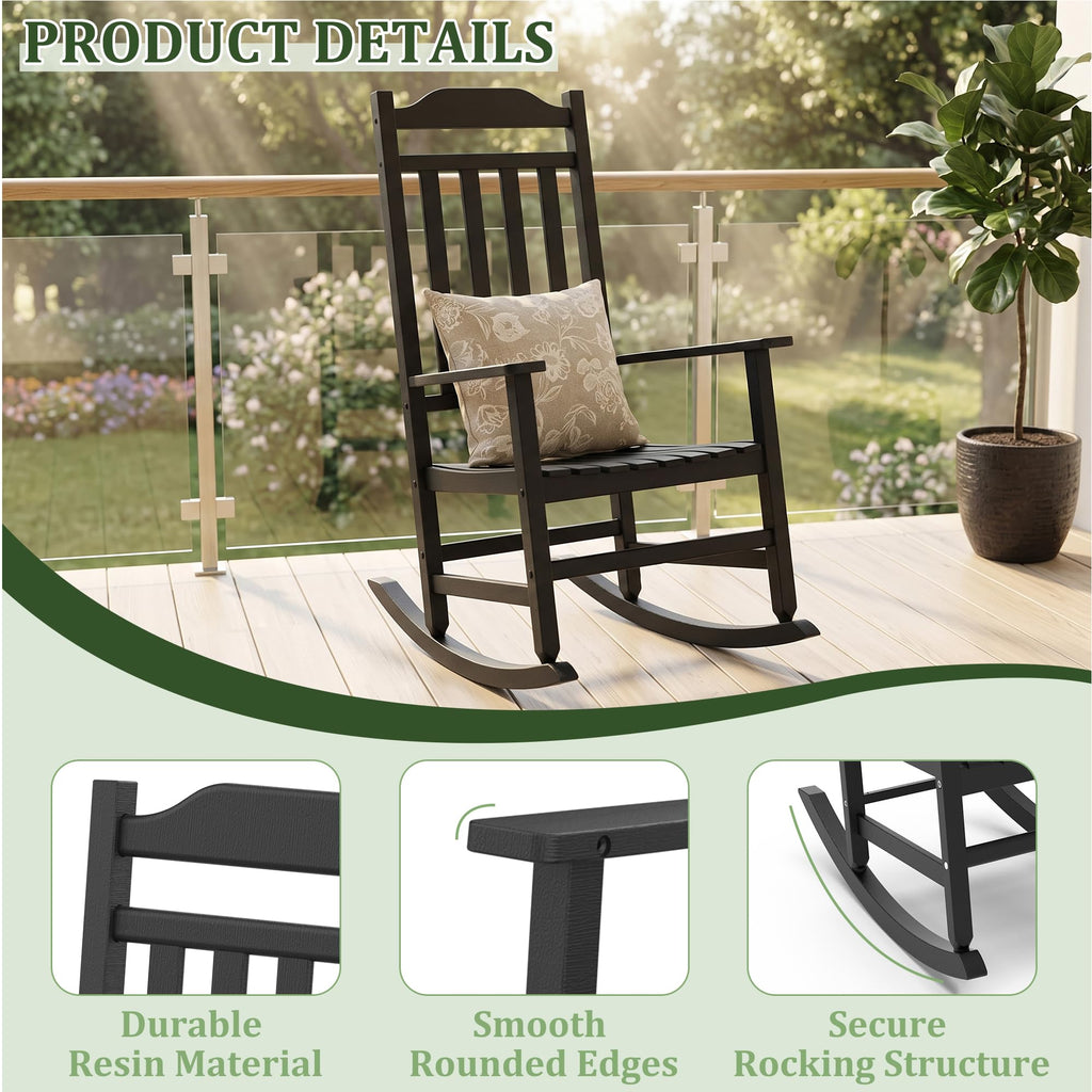 Outdoor Rocking Chairs Set of 2 and Side Table, All Weather Thickened Resin