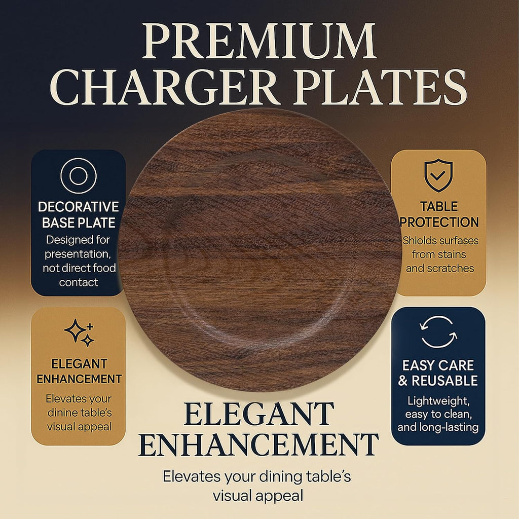10 Pack Faux Wood Charger Plates, 13" Brown Chargers for Dinner Plates, Round Wooden Chargers Plate Set of 10