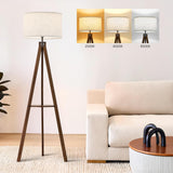 Tripod Floor Lamp with Table, Mid Century Wood Shelf Standing Light Modern Tall Floor Lamp with Linen Shade Bedroom