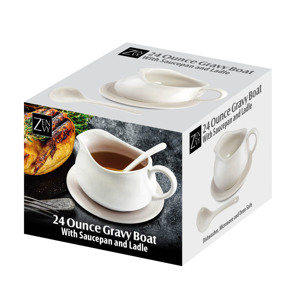 24 Oz Gravy Boat | Ceramic White Gravy Dish Set | Includes Gravy Boat, Saucer and Spoon (White)