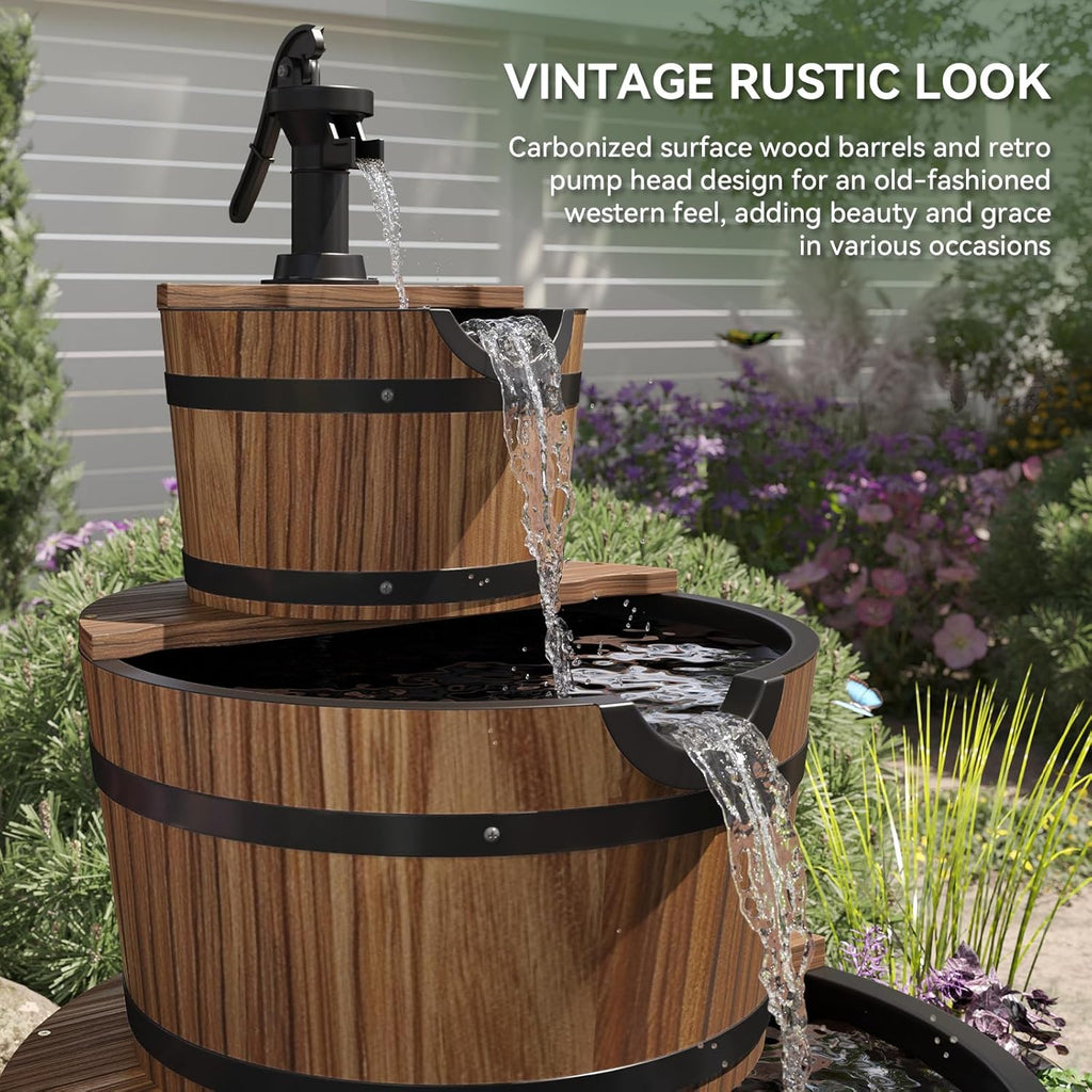 3-Tier Outdoor Water Fountain, Wood Barrel Cascading with Electric Decorative Hand Pump, Rustic Waterfall Fountain