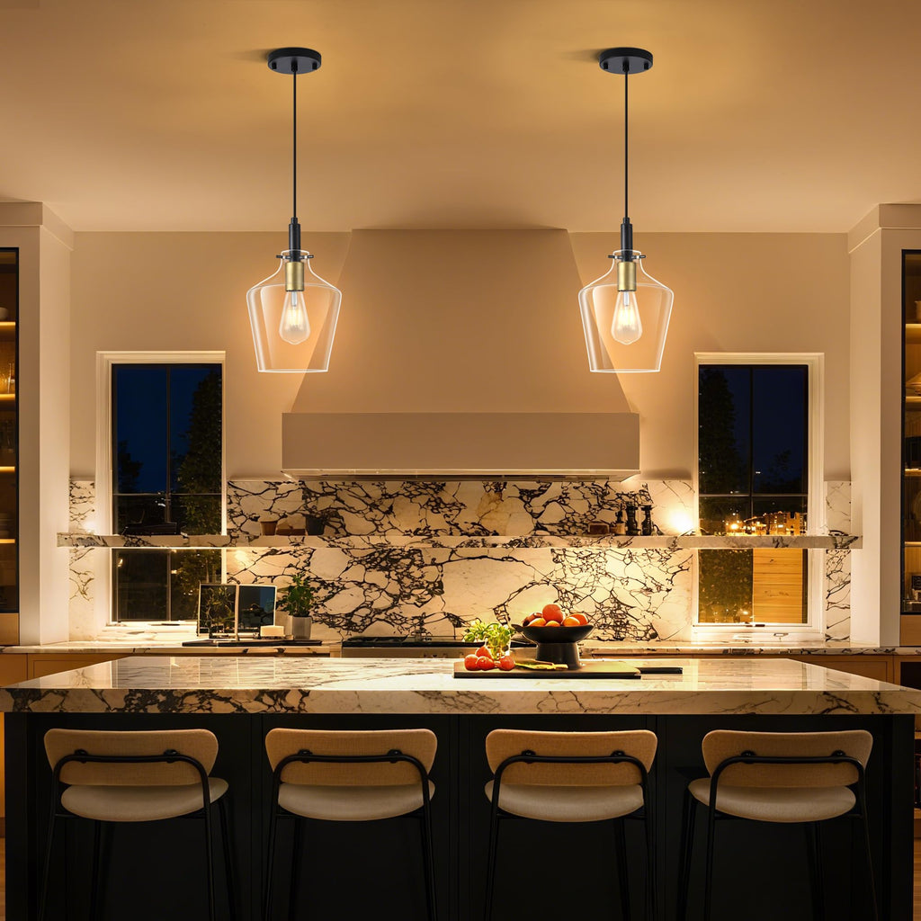 Modern Pendant Light Fixture Island, Farmhouse Black and Gold Brushed Brass Adjustable Hanging Light With Clear