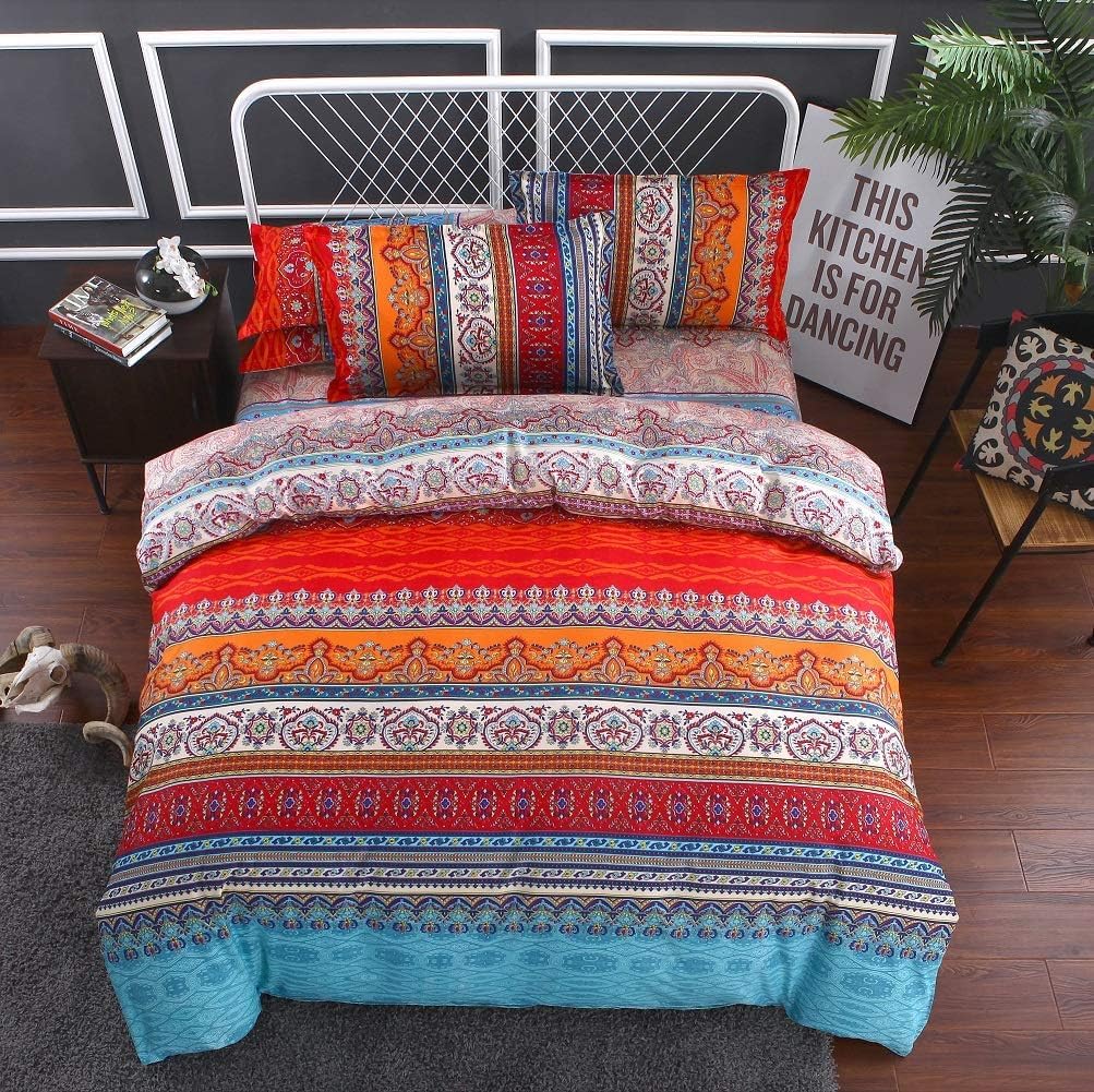 Boho King Duvet Cover, Brushed Microfiber Ethnic Bohemian Colorful Bedding Set Yellow Orange Geo Bohemian Print Duvet