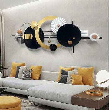 Large Modern Abstract Metal Wall Art, Black and Gold Geometric Circles Wall Decoration, Contemporary Home Decor,59 ×