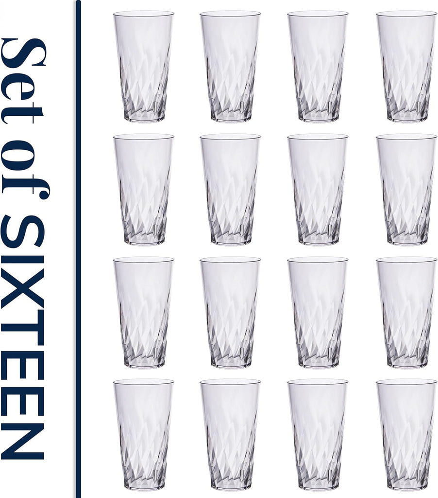 Palmetto [Set of 16] 20 ounce Plastic Stackable Water Tumblers in Clear, Lightweight Value Set of Drinking Cups