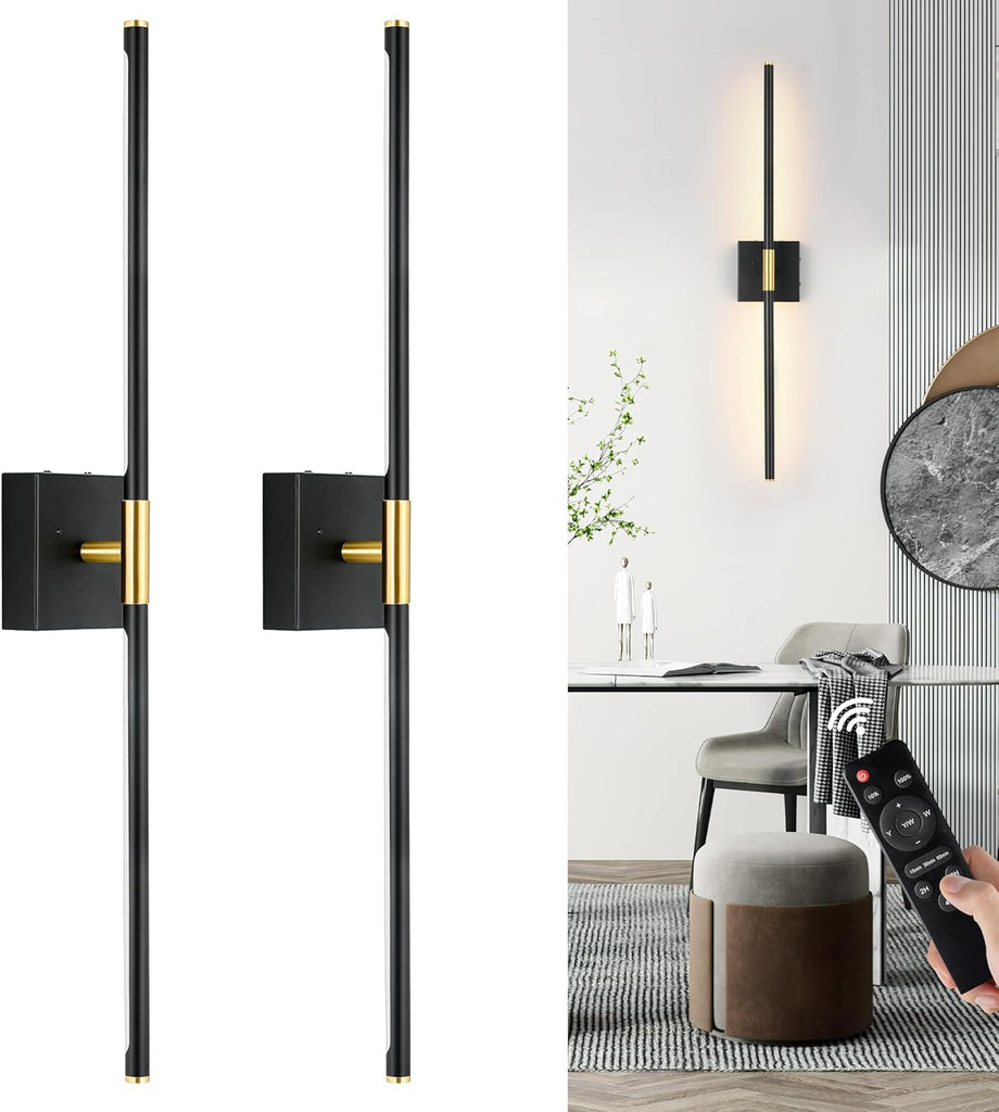 10000mAh Battery Operated Wall Sconces Set of 2, 3 Color Dimmable Rechargeable Wall Light with Remote, 24 Inch Black
