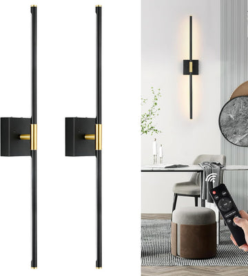 10000mAh Battery Operated Wall Sconces Set of 2, 3 Color Dimmable Rechargeable Wall Light with Remote, 24 Inch Black
