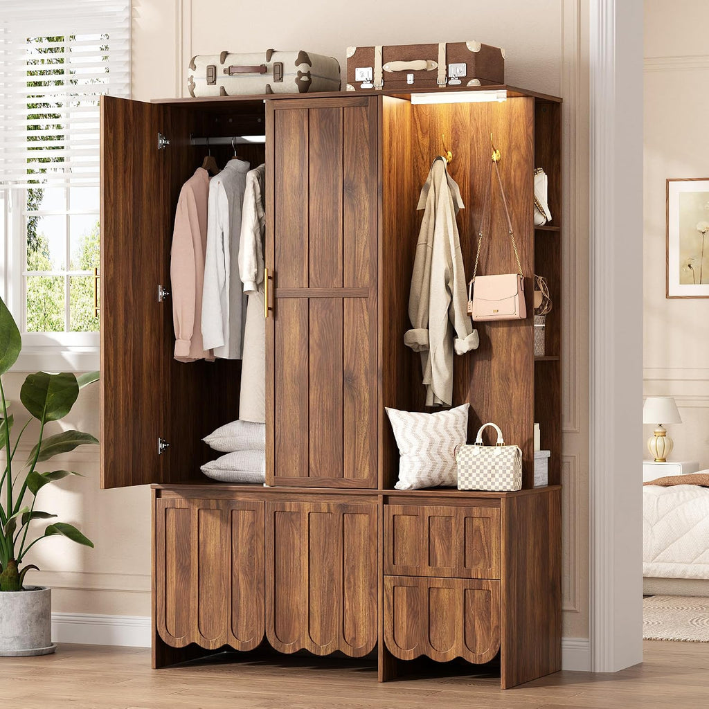 Armoire Wardrobe Closet with 2 Drawers, 3 Open Shelves, Sensor Light, 71" Tall Bedroom Armoire with Hanging Hooks and