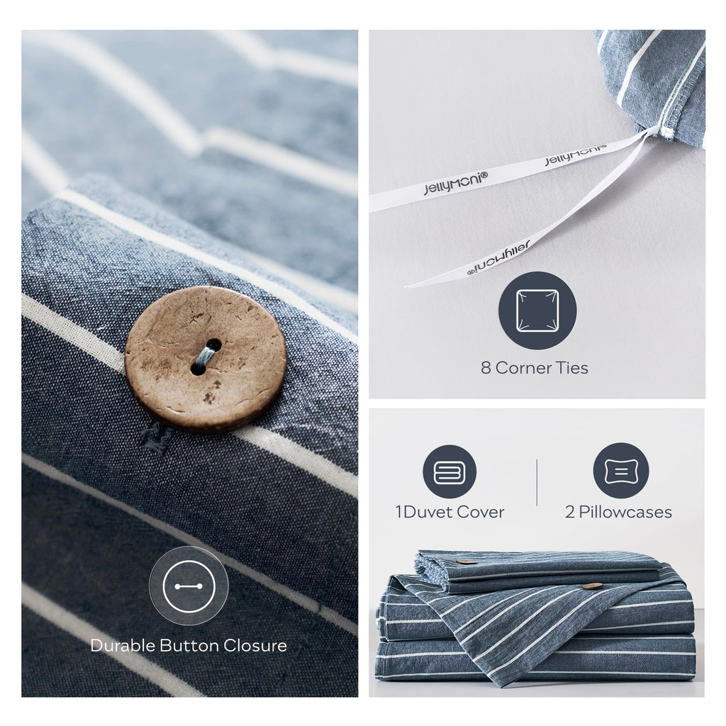100% Washed Cotton Striped Duvet Cover Set, Linen-Like