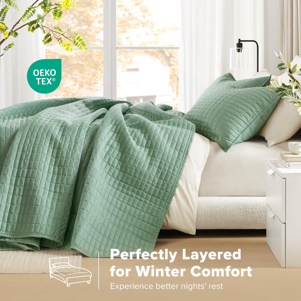 Oversized Bedspread King Quilt Set 3P 120 x 118 Sage Green