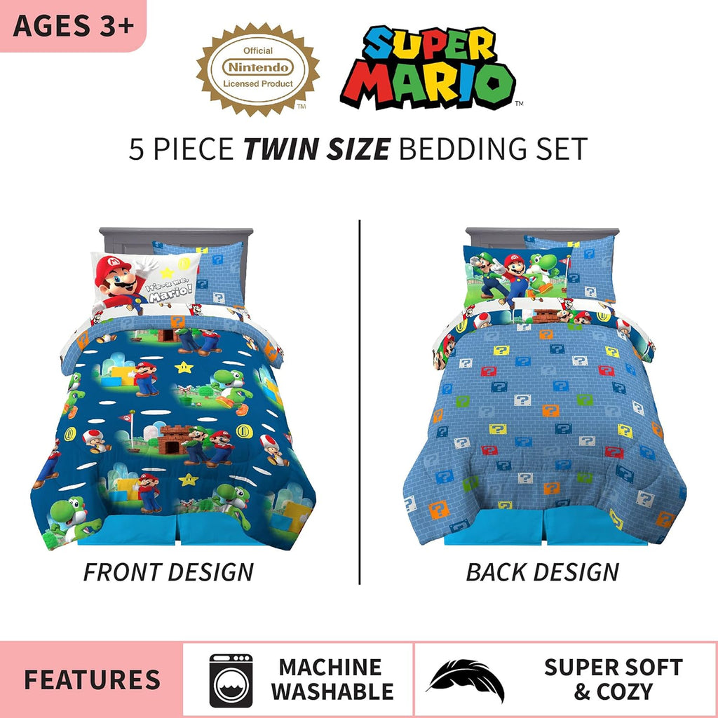 Super Mario Kids Bedding Set, Twin 5 Piece Comforter and Sheet Set with Sham, (Officially Licensed Product)