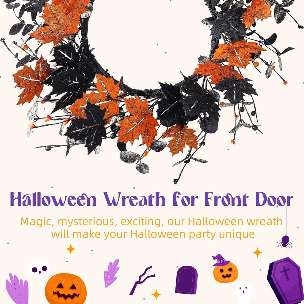 20" Halloween Wreath for Front Door, Golden and Black Maple Leaves