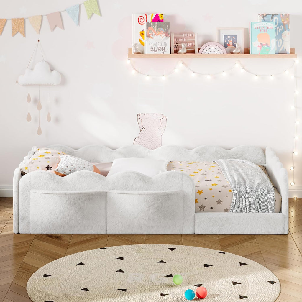 Upholstered Floor Bed with Side Storage Pockets, Bed Frame, White