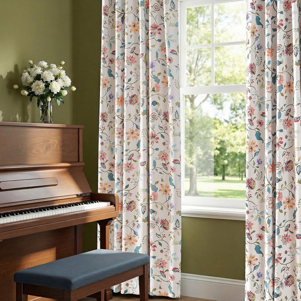 Beige Floral Blackout Curtains 84 Inch Length - Room Darkening Vintage Curtains Cream Botanical Drapes , Elegant