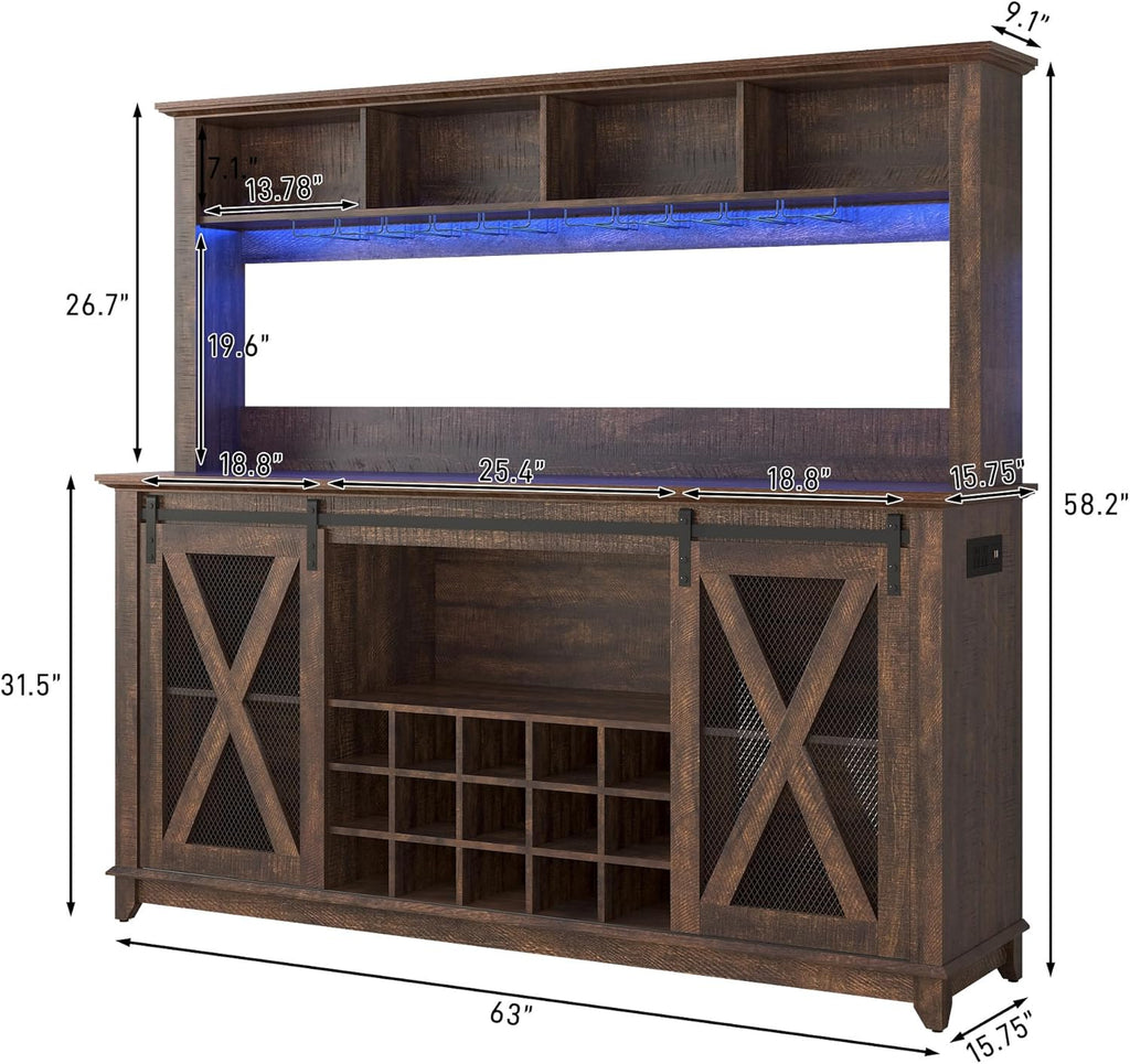 63"Wide 58"H Farmhouse Coffee Bar Cabinet with Power Outlet and LED Light,Wine Bar Cabinet w/ 4 Storage Hutch,Kitchen