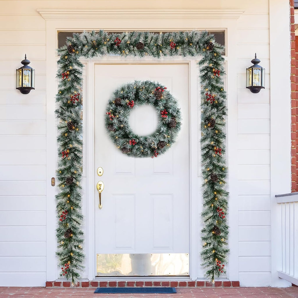 With Lights, Prelit Greenery Garland Pine Cones and Red Berries Christmas Garland for Mantle, Pine Garland with 50