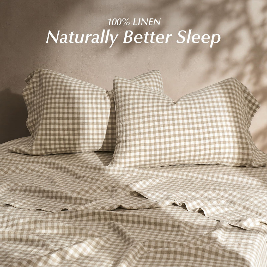100% European Flax Linen Sheet Set, Natural Gingham