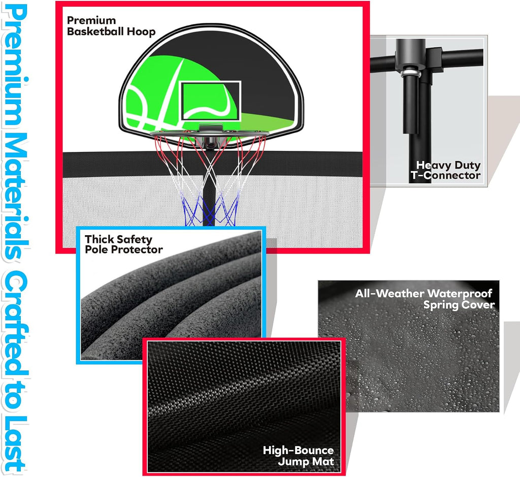 Trampoline 8 10 12 14 15 16FT, 1500LBS Weight Capacity Backyard Trampoline Outdoor with Basketball Hoop, Enclosure