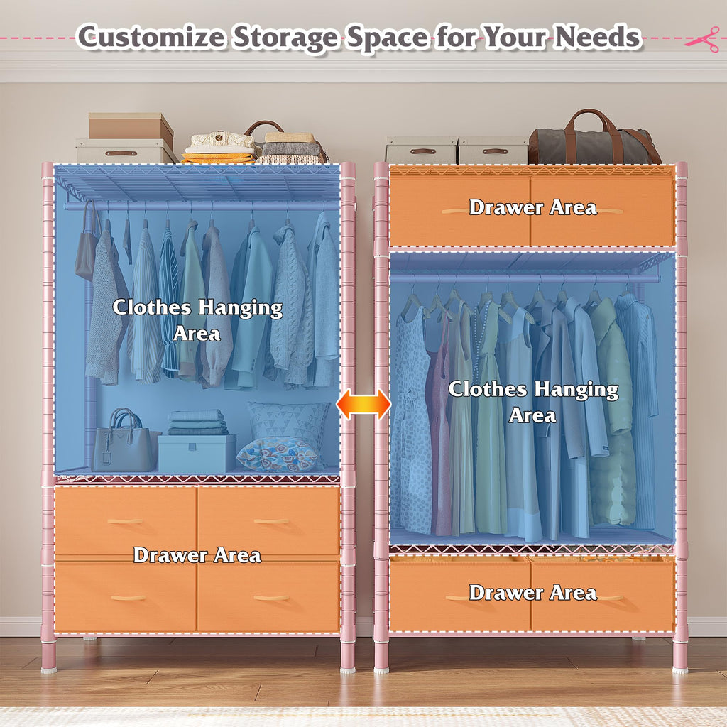 Clothes Rack, Portable Closet , 4 Drawers 4 Shelves