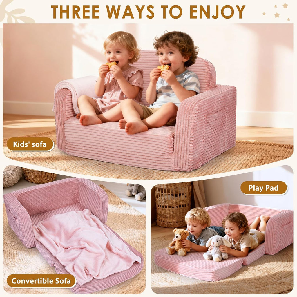 Extra Wide 2 in 1 Convertible Toddler Kids Couch - Corduroy Fold Out Kids Sofa Chair with Blanket, Comfy Comfortable