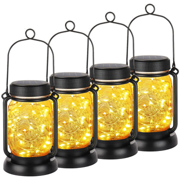 4 Pack Solar Mason Jar Hanging Lantern with Stakes, Warm White