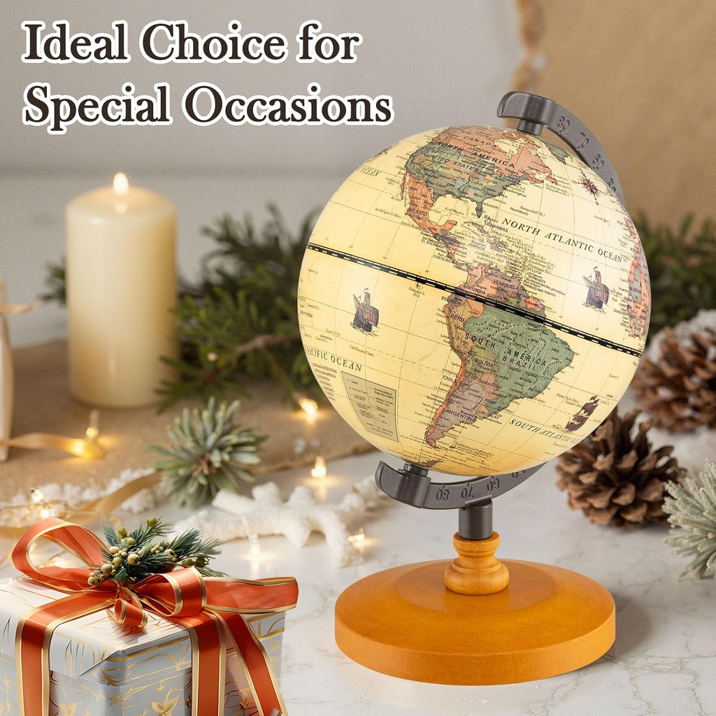 6" World Globe, Mini Antique Globe with Metal Stand, Non-slip Wooden Base & Geographic Markings, Decorative Desktop