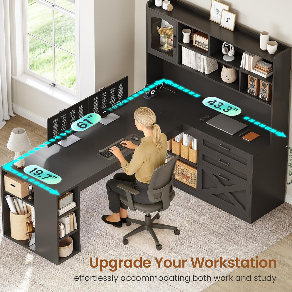 61" Farmhouse L Shaped Gaming Desk with Drawers, Bookshelf Storage | Computer Desk with Storage Shelves and Power