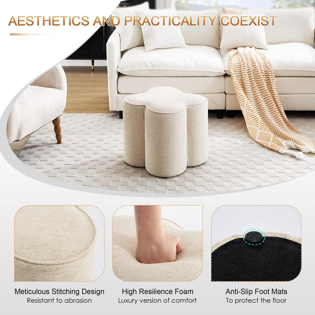 Flower Pouf Ottoman Foot Rest, Linen Fabric Poofy Ottoman Stool