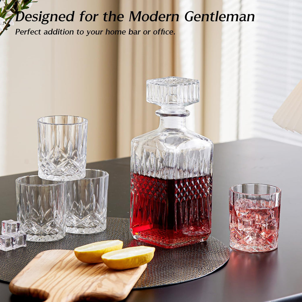 Whiskey Decanter Set for Men, 5-Piece Crystal Glass Decanter Set with 1000ml(33.8 oz) Decanter and 4×230ml(7.8oz) - Set of 5