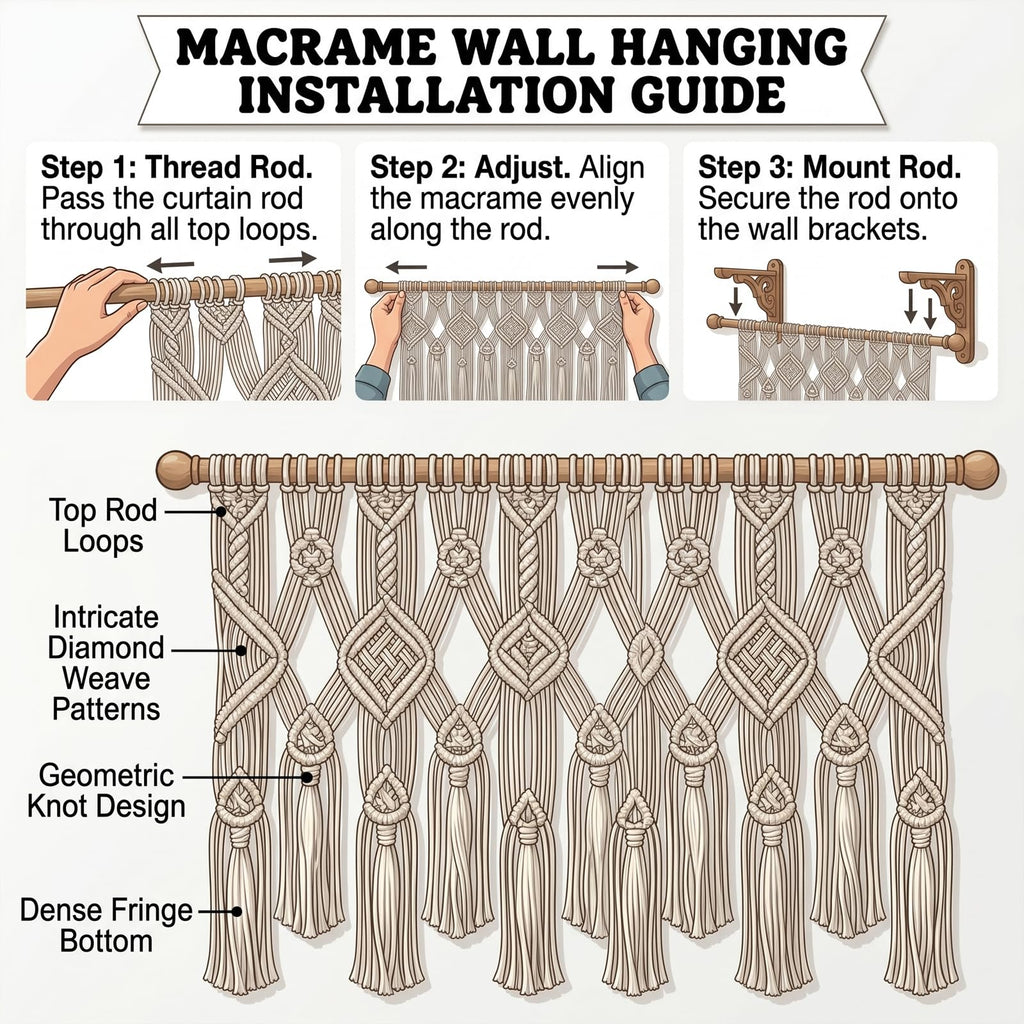 Boho Macrame Valance, Handmade Cotton Woven Window Curtain Bedroom, 52x21 Inches Decorative Farmhouse Window Treatment
