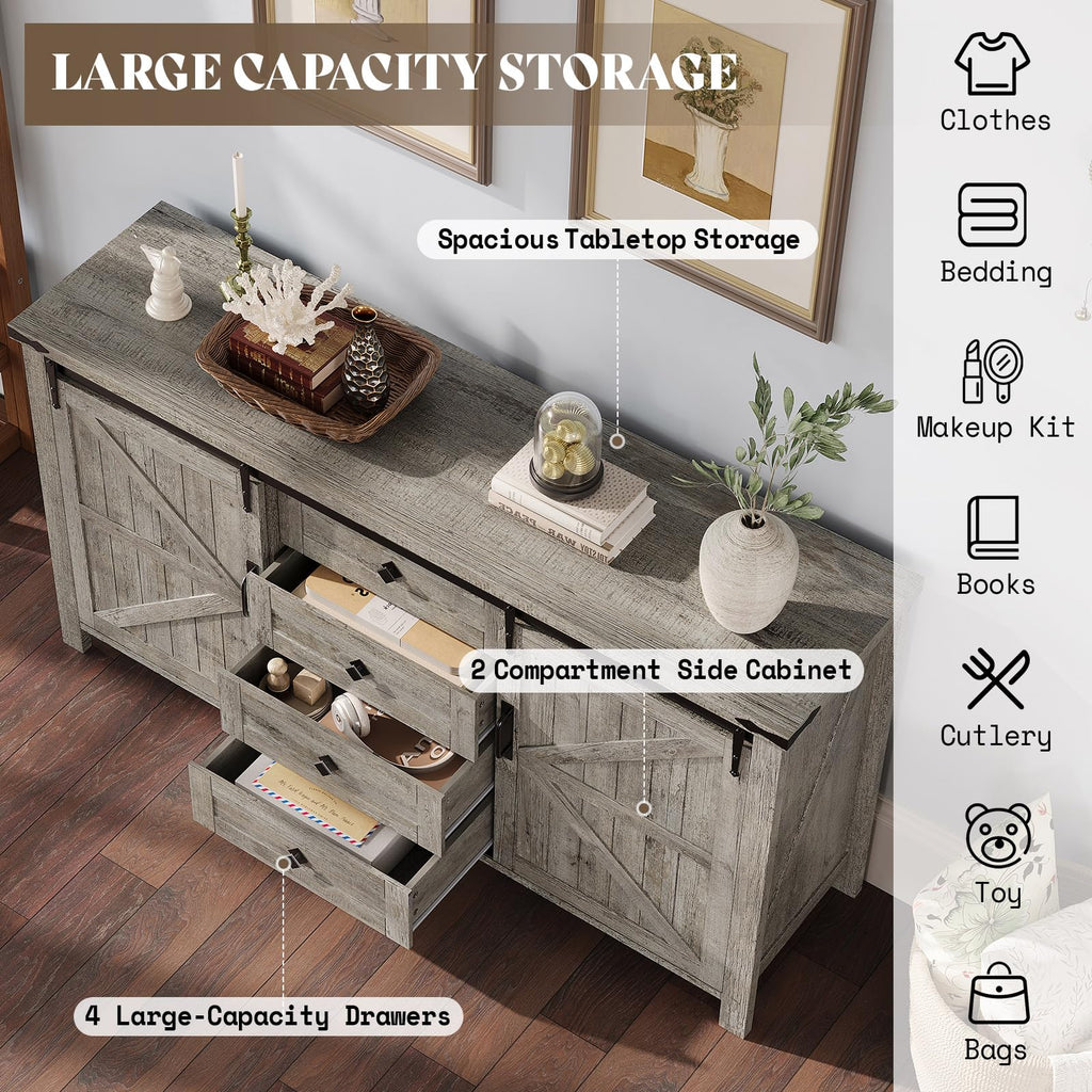 60" Farmhouse 4-Drawer with Barn Doors, Light Rustic Oak