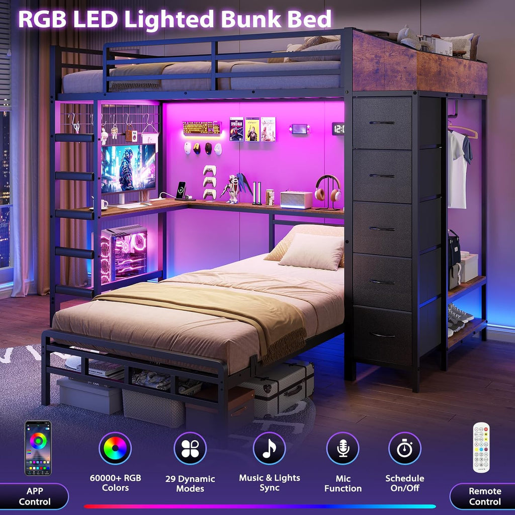 Bunk Bed Twin Over Twin with Hall Tree, Charging Station and LED Lights, L-Shaped Bunk Bed with Desk