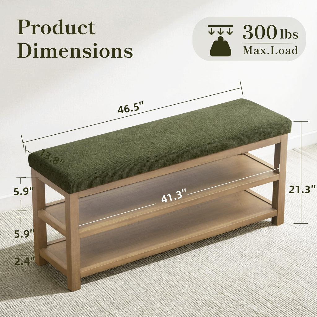 Shoe Rack Bench with Cushion, 2 Tier Solid Wood Storage Bench, Mid-Century Modern Shoe Bench, Closet, Front Door