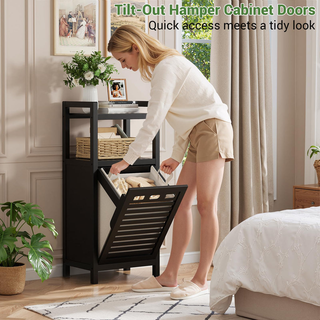 Bamboo Tilt Out Laundry Hamper Cabinet with Removable Bag, Black