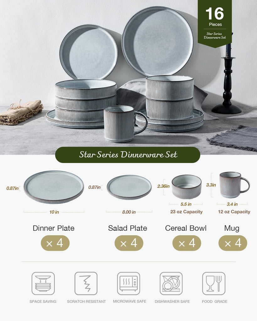 Star Dinnerware Sets with Mugs, Ceramic Plates and Bowls Set for 4