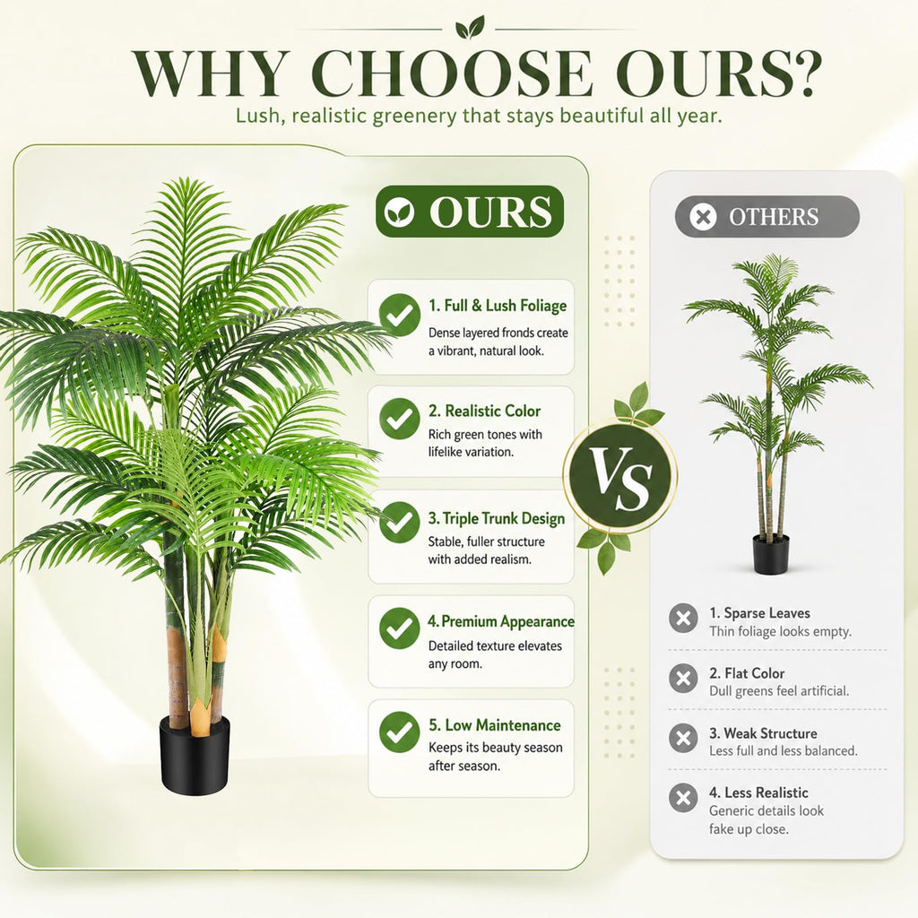 5ft Triple Golden Cane Palm Artificial Tree, Tall Faux Palm Tree with 19 Realistic Leaves, UV Resistant Fake Tropical