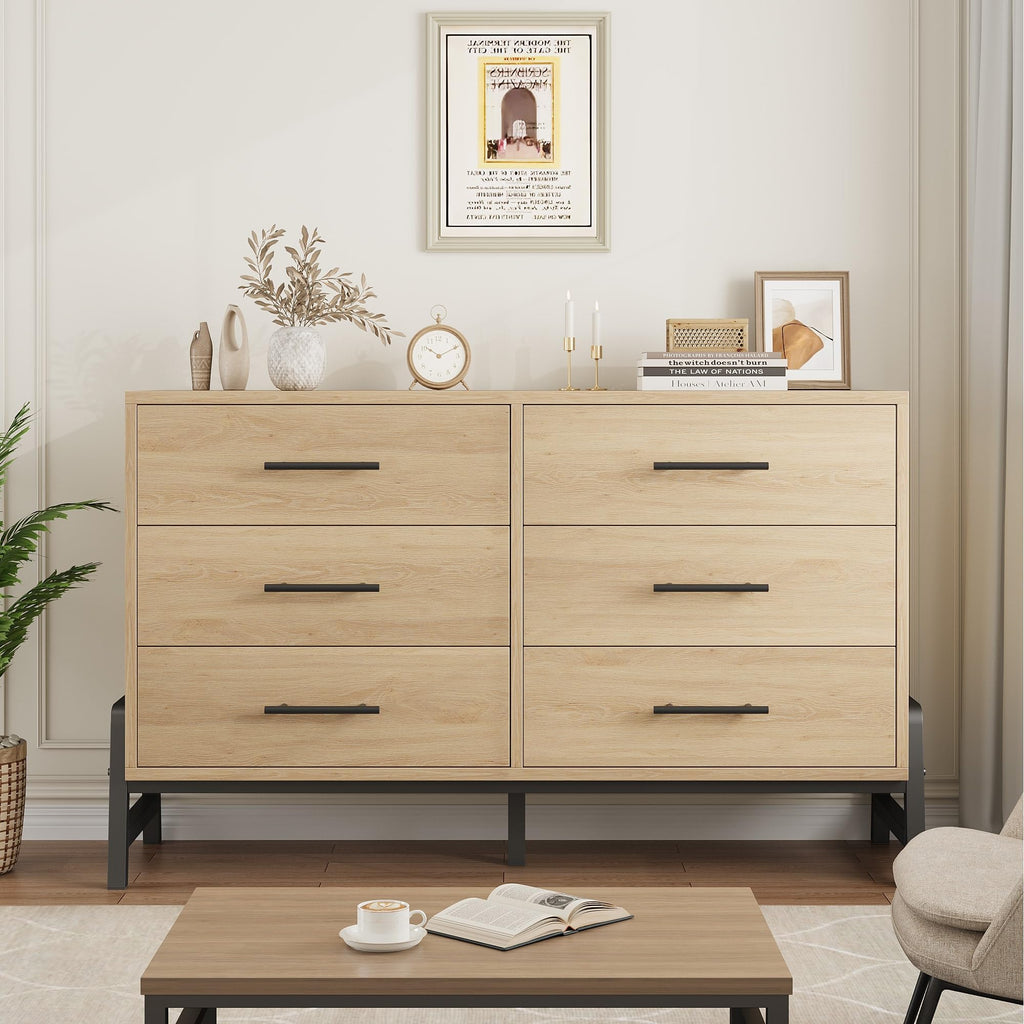 6 Dresser, 52 in Wide Drawer with Large Storage Space, Freestanding Wooden Closet Storage Dresser Chest, Natural Oak