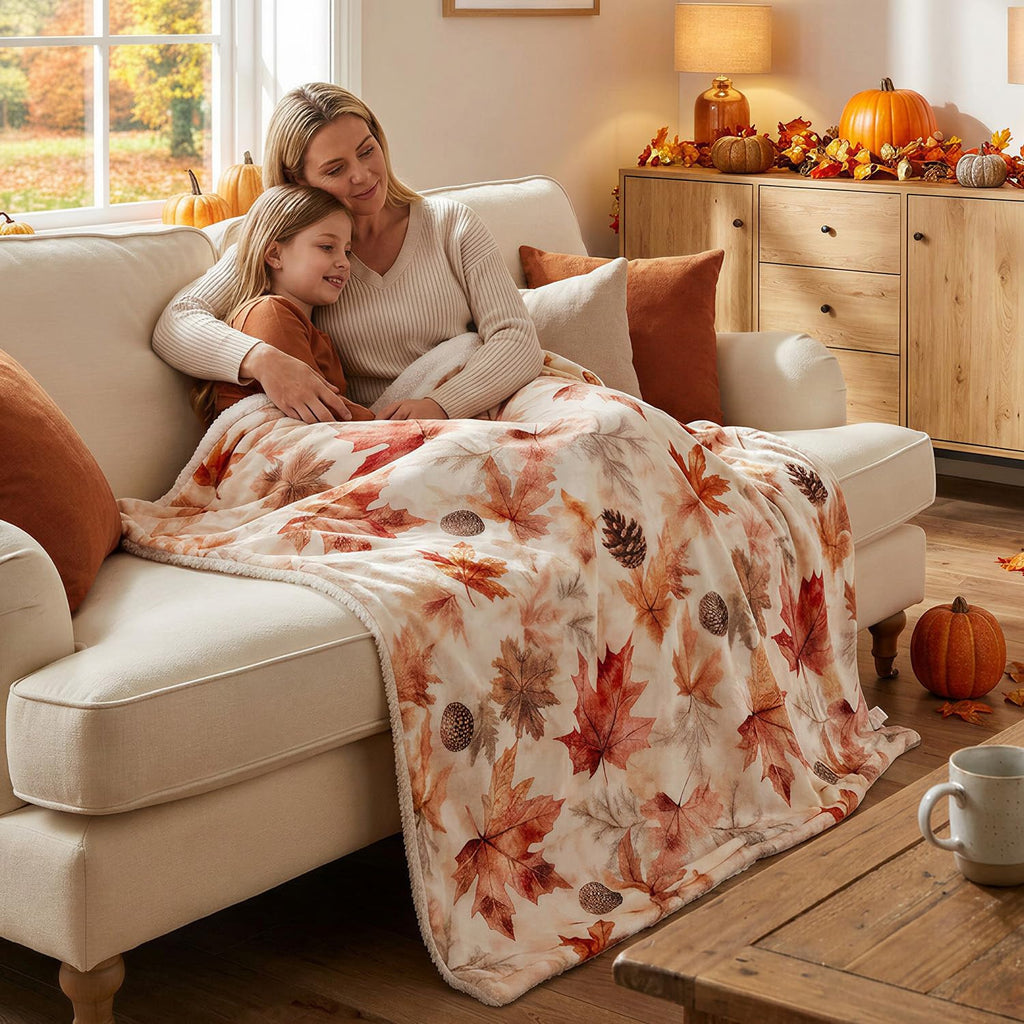 Fall Throw Blanket 50"x60", Soft Warm Flannel Sherpa Fleece Autumn Maple Leaves Blanket, Orange Fall Throw for Sofa