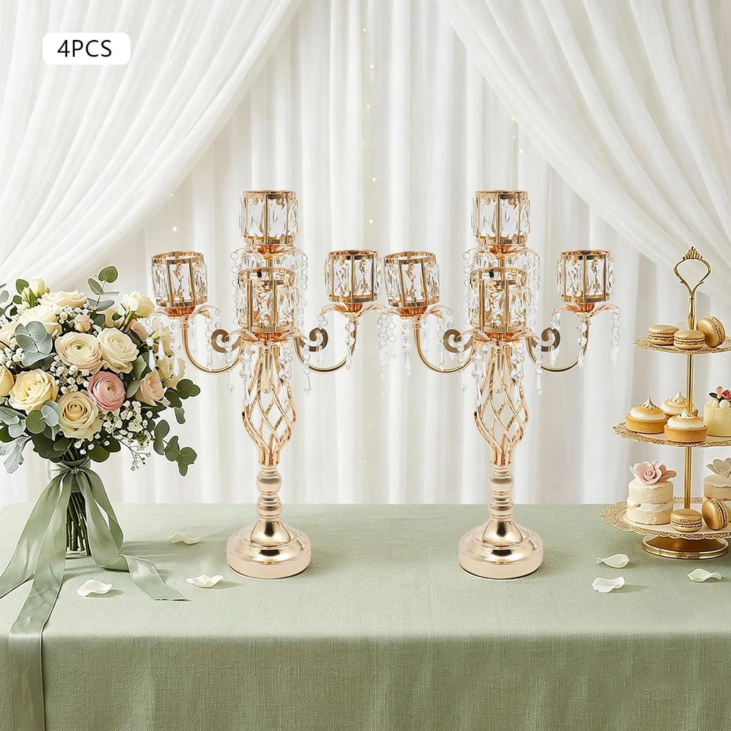 5-Arm Gold Crystal Candle Holder Set of 4, Elegant Table Centerpiece | Electroplated Iron Candelabra for Weddings &