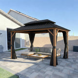 8' X 12' Hardtop Gazebo Outdoor Wood Grain Aluminum Frame Galvanized Steel Double Roof Gazebos with Netting and