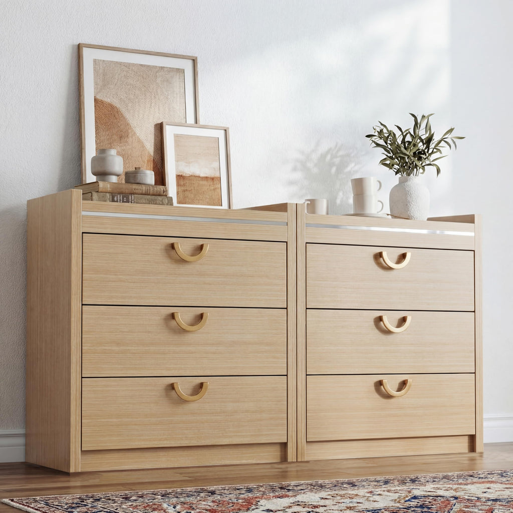 3 Drawer Dresser, 30.31" Tall Closet Chest Dressers Storage with Drawers, Gold Curved Handle & Raised Edge Design