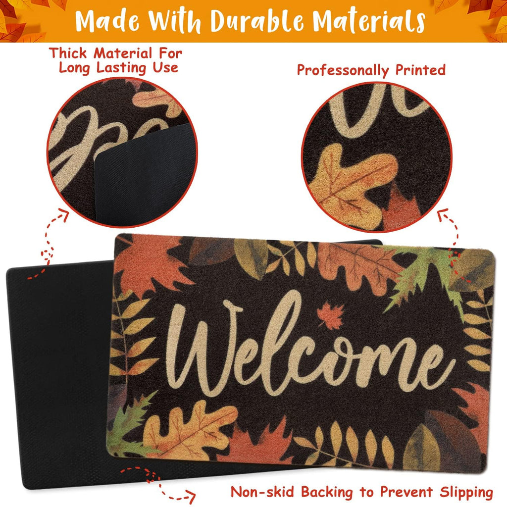Fall Welcome Doormat, 17 x 30 Inch Autumn Leaves Outdoor Mats