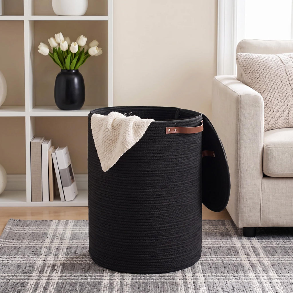 Black Basket with Lid, 15" x 20" Tall Woven Cotton Rope Laundry Hamper with Zipper, Modern Round Laundry Basket for