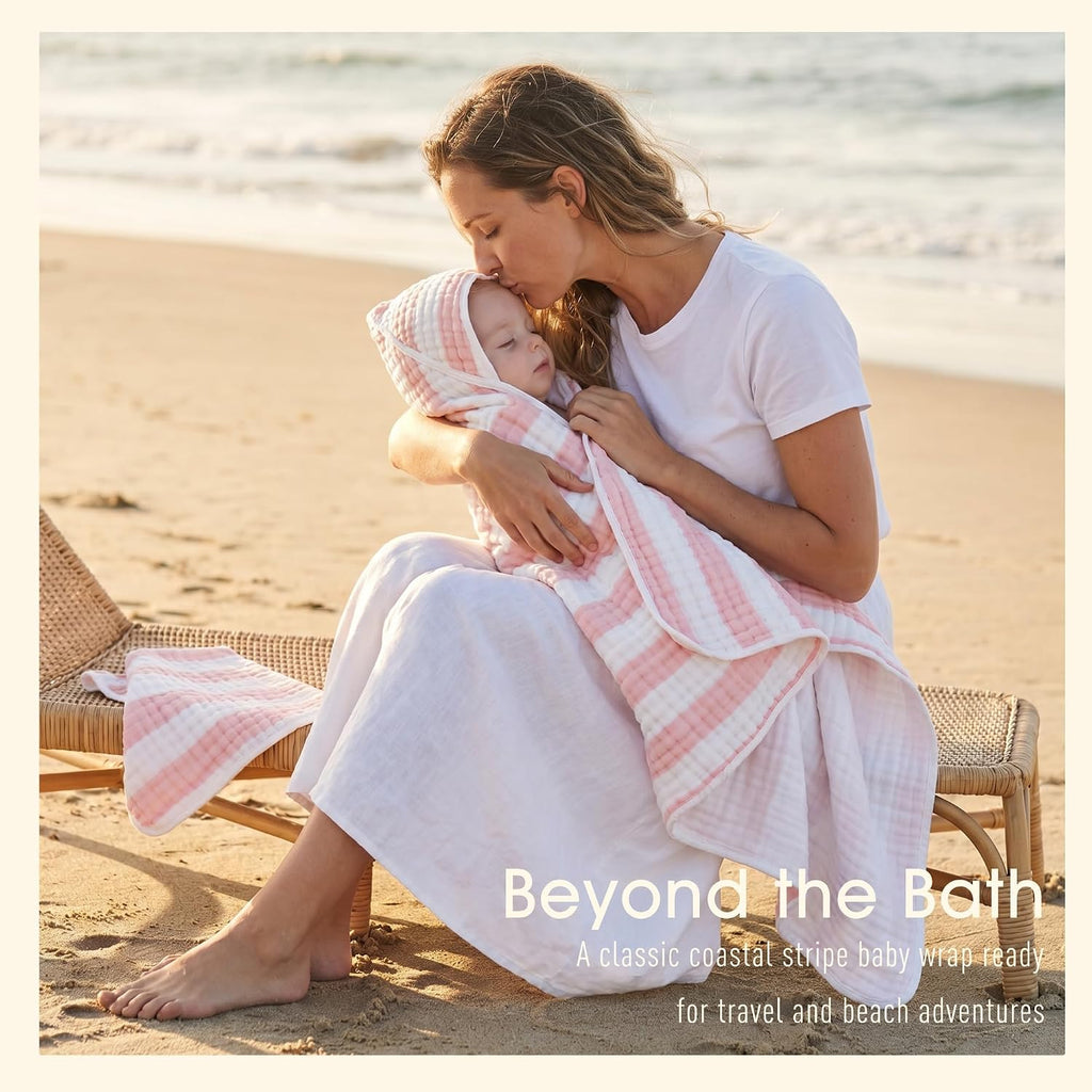 Organic Muslin Hooded Baby Bath Towel 4pc for Newborn - Pink Stripe