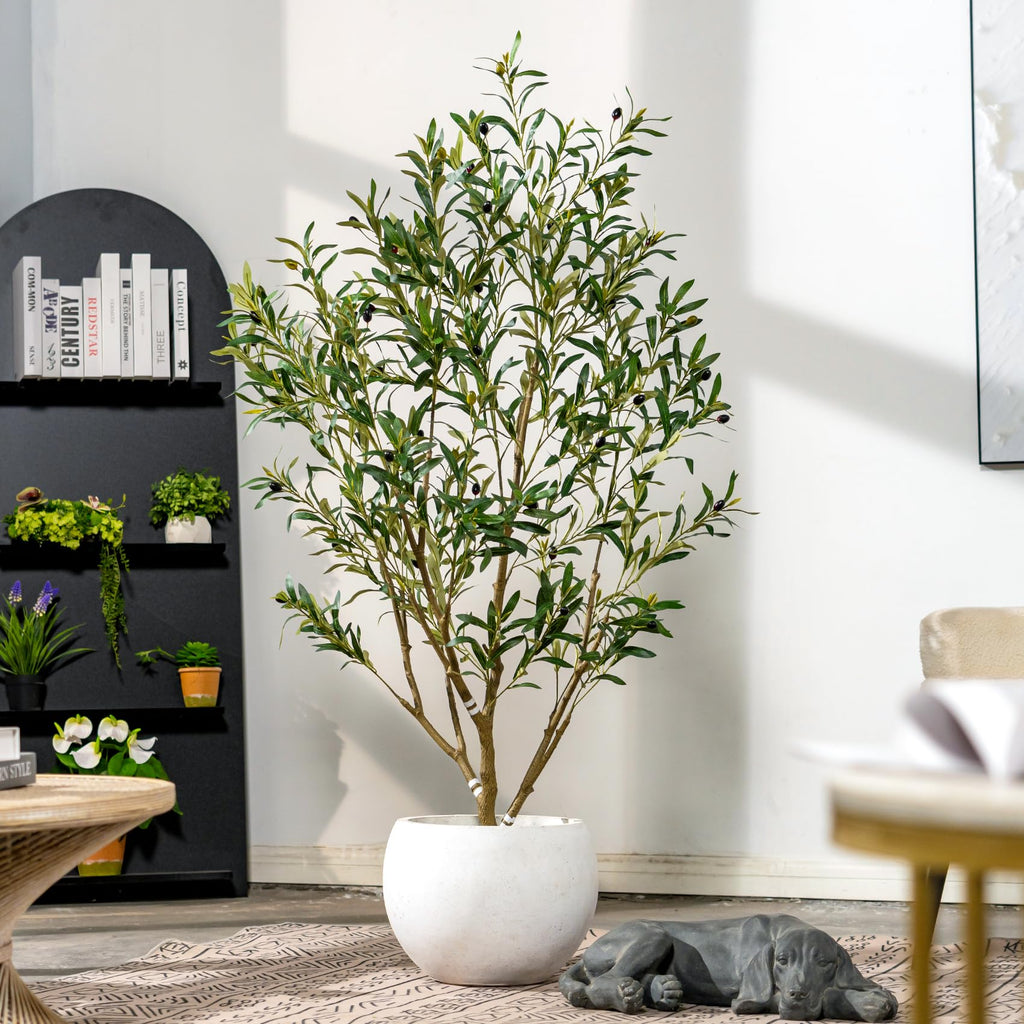 5FT Faux Olive Tree with White Pot & Moss, Artificial Olive Tree Indoor Outdoor, PE/PVC Leaves, Realistic Resin Trunk